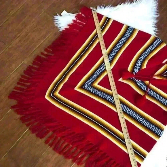 VTG 60s 70s acrylic knit chevron red poncho yellow white black with fringe - Picture 4 of 5